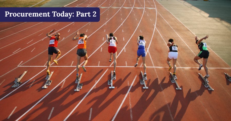 An image of racers on an athletics track coming out of the starters block with a blue panel on the top level saying Procurement Today: Part 2