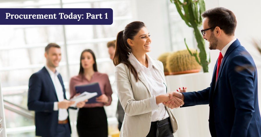 Image of business woman shaking hands with a business man, with two other business people in the background of an office setting, to represent the Competitive Flexible Process of Public Sector Procurement