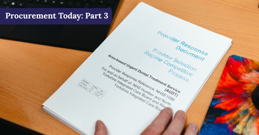 Tender documents being held on a desk with a blue panel top left saying