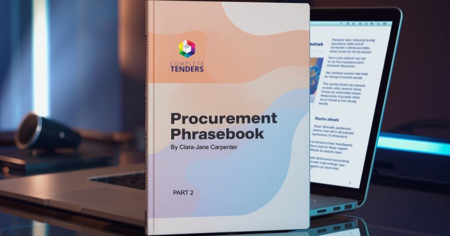 Blurred office background, front and sector of screen a big book called 'The Procurement Phrasebook', which is written by Clara-Jane Carpenter. And it states this is Part 2.