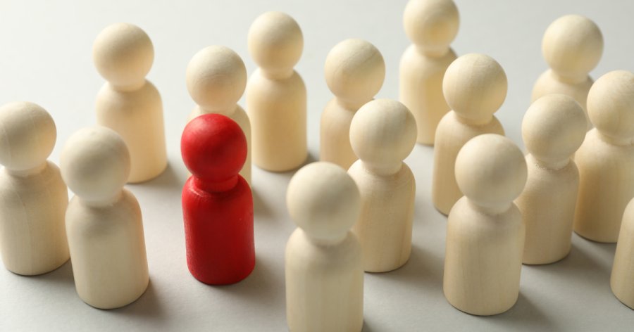 Image of wooden people all in cream, with one in red to depict that being on a Framework means you are one of many